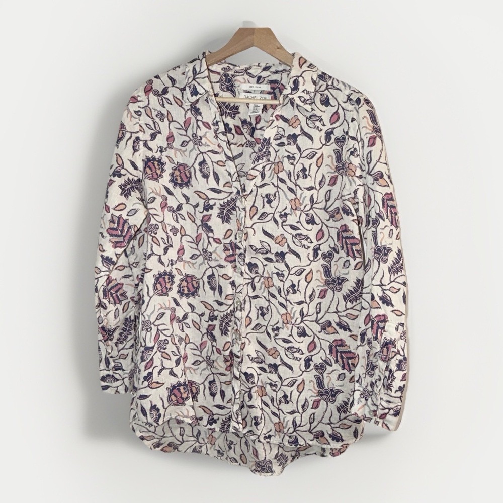 Rachel Zoe Women Linen Button Up Blouse Top Floral Hi-Low Hem Collar Size M - Picture 1 of 3